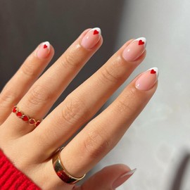 Valentine's Day Press on Nails Almond Fake Nails with Red Heart Acrylic Nails White French Tip False Nails Full Cover Almond Glue on Nails Nude Reusable Queen of Hearts Nails for Women 24pcs