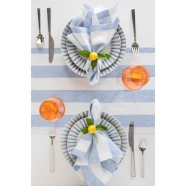 Solino Home Linen Table Runner 144 Inches Long - Cabana Stripe, 100% Pure Linen Sky Blue and White Farmhouse Table Runner 14 x 144 Inch for Dining, Summer