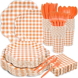 400 Pcs Fall Gingham Party Supplies for 50 Guests Orange and White Scalloped Paper Plates Napkin Cup & Cutlery Disposable Checkered Dinner Party Set for Thanksgiving, Halloween, Fall Wedding, Birthday