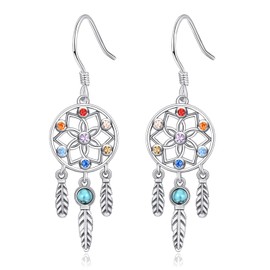 Dreamboat Dream Catcher Earrings for Women 925 Sterling Silver 7 Chakras Earrings Lotus Dreamcatcher Earrings Turquoise Feather Earrings Dangle Hook Boho Talisman Jewelry Gifts