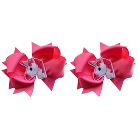 Unicorn HAIR BOW SET of Matching 4.5 Inch Bows for Girls By Funny Girl Designs (Hot Pink Bows - Set of 2)