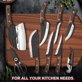 MDHAND Butcher Knife Set, Hand Forged Viking Kitchen Serbian Chef Knife Set with Roll Bag, Heavy Duty Meat Cleaver & Brisket Knives & Meat Cutting Knife for BBQ, Outdoor Camping, Gifts for Men Women