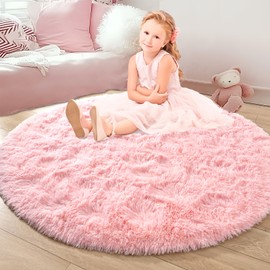 junovo Pink Round Rug 5x5 Feet Fluffy Soft Area Rugs for Kids Girls Room Princess Castle Plush Shaggy Carpet Cute Circle Nursery Rug for Kids Girls Bedroom Baby Room Home Decor Circular Carpet