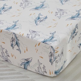 Brandream Ocean Whale Family Baby 6 Pieces Crib Bedding Set for Boys and Girls, Summer Style Stretchy Ultra Soft Jersey Knit Crib Sheet Set Nursery Ruffles Crib Skirt Set Blue White