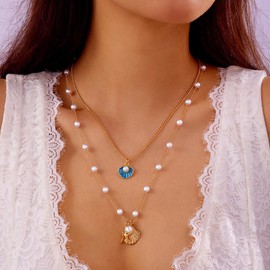 Gold Layered Seashell Necklaces for Women Boho Pearl Chain Shell Charm Necklace Summer Beach Starfish Necklace Vacation Holiday Surfer Jewelry (Blue)