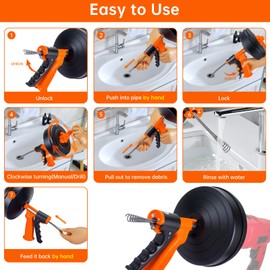 SPRIDRAIN Drain Snake Clog Remover - Hair Drain Auger Tool for Bathroom, Kitchen, Tub & Shower - Plumbing Snake Drill Attachment with Gloves, Toilet Drain Cleaner(32.8ft/10M)