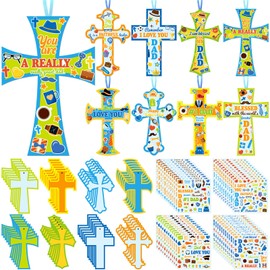 Watersay 48 Set Religious Father's Day Craft Kit DIY Christian Cross Crafts Sticker Make Your Own Jesus Ornament for Sunday School VBS Class Art Project Home Party Activity (Father's Day, Blue)
