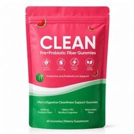 Clean Prebiotic Fiber Gummies for Men, Watermelon Flavor, Sugar-Free Pre+Probiotic Fiber Gummies, Supports Complete Clean, Digestive & Gut Health, Gluten Free, Gelatin Free, 60 Count