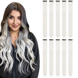 KHDULQ (10 Pieces) Hair Strands for Braiding, Clip-In Extensions, Hair Strands for Clip-in, Hair Strands, Hairpiece, Lemon Yellow Party Highlight Coloured Hair Strips (White Tea Grey)