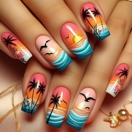 24Pcs Square Press on Nails Medium Length Fake Nails Spring Summer False Nails with Coconut Tree Sunset Clouds Designs Full Cover Glue on Nails Cute French Acrylic Reusable Artificial Nails for Women