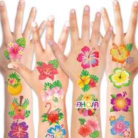 HOWAF 72 Glitter Hawaiian Tattoos Hibiscus Flower Temporary Tattoos for Hawaiian Party Decorations, Waterproof Fake Tattoos Stickers for Kids Adult Hawaiian Party Accessories Summer Party Bag Filler