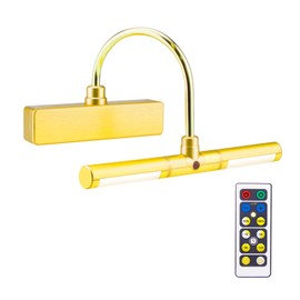 BIGLIGHT Wireless Battery Operated LED Picture Light with Remote, Rotatable Light Heads of 3 Lighting Modes, Dimmable Display Lamp with Timer for Painting Photo Portrait Art, 8.8", Gold