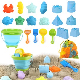 20PCS Beach Toys Set with Collapsible Bucket Spade Sand Moulds in Mesh Bag, Sand Pit Kit with 8 Animals Moulds 4 Castle Mould 4 Spade,Summer Party Accesories for Toddlers Kids Boys Girls Age 2 3 4 5