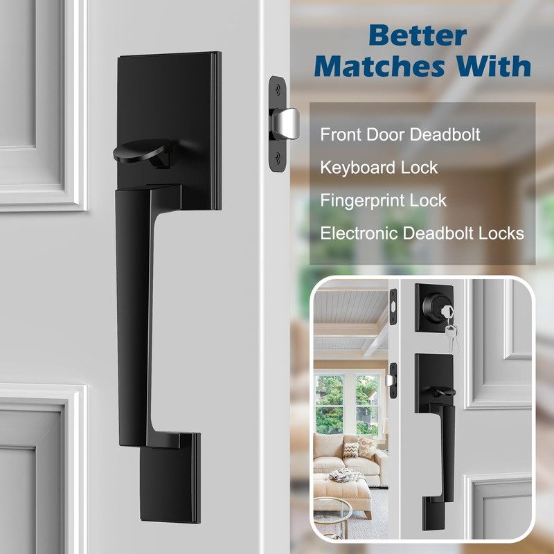 AEEKEL Black Front Door Handle No Lock, Exterior Entry Door