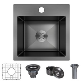 15 x 15 Inch Black Drop In Kitchen Sink - Single Bowl Topmount Bar Prep Sink, 18 Gauge Stainless Steel with Grid and Basket Strainer