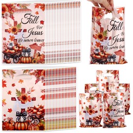Tinoaly 50pcs Autumn Gift Bags, Fall Party Religious Thanksgiving Gift Candy Goodie Favor Treat Bags with Maple Leaf Pumpkin Double-Sided Design for Thanksgiving Sunday School Party Supplies