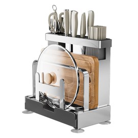 Vilemoon Multifunctional Cutting Board, Knife Drying Rack Kitchen Countertop Pot Lids Organizer, Knife Block Holder with Drain Tray Utensil Holders Bakeware Cookware Chopping Board Storage Stand