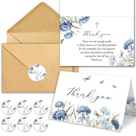 CYGGUN 50 Pack Funeral Thank You Cards with Envelopes, 4×6 In Watercolor Blue Flower Bereavement Card for Funeral Family Friends Loved Ones Celebration of Life