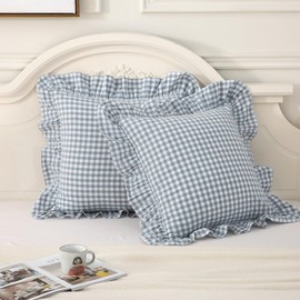 Silnuo Light Blue Plaid Ruffle Throw Pillow Covers Set of 2,Washed Cotton Shabby Checkered Gingham Pillow Shams Decorative Shams 24"x24" for Sofa,Couch,Liviing Room