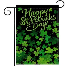 Happy St Patricks Day Shamrock Garden Flag 12.5x18 Inch Double Sided, Evergreen Clovers Saint Patty Holiday Rustic Yard Outdoor Flag