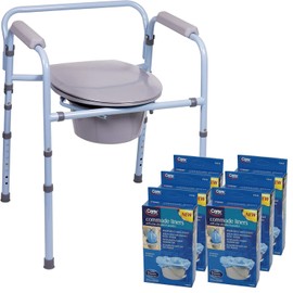Carex 3-in-1 Folding Bedside Commode with 42 Pack Commode Liners - Porta Potty for Adults - Portable Toilet Supports Up to 300lbs, Bedside Commodes for Seniors and Commode Chair