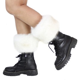 ECOSCO Women Faux Fur Boot Cuffs Plush Leg Warmers,Short Furry Fuzzy Leg Cuffs Knitted Winter Boot Toppers (white, One size fits most)