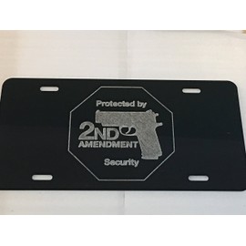 2nd Amendment Security Sign Car Tag Diamond Etched on Black Aluminum License Plate