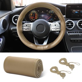 HEVLE Leather Steering Wheel Cover Lace Up, Stitch On Wrap, Breathable Anti-Slip Car Steering Wheel Protector Universal Fit Max 15 Inch Car Wheels, DIY Sewing with Needle Thread (Beige, Glossy)