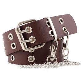 Taasmoog 1 Piece Brown Rivet and Chain Belt, Double Hole Rivet Belt Metal Punk Rock Rivet Belt for Men and Women, brown