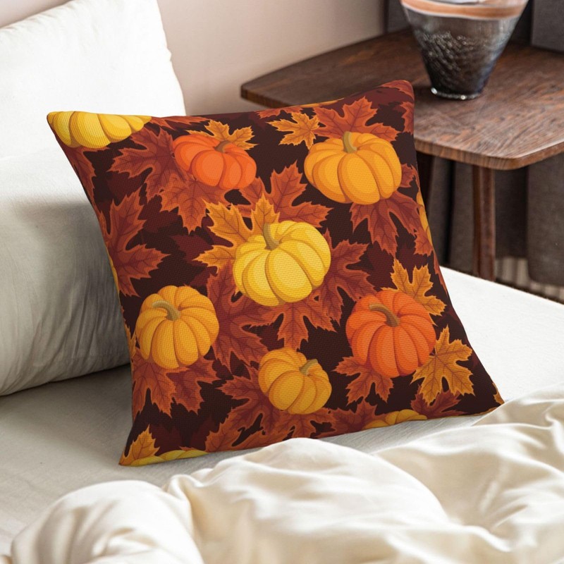 Orange Yellow Pumpkins Throw Pillow Covers Autumn Maple Leaves Thanksgiving