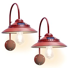 Goodeco Solar Barn Lights Outdoor - Rustic Vintage Outdoor Wall Lights with Motion Sensor & One Clear Glass LED Edison Bulb, No Wiring, Ideal Gifts for Patio Porch Deck & More, Red (2 Pack)