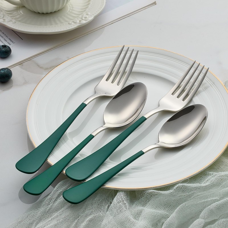 Onlycooker 24 piece Green Forks and Spoons Silverware Set,Green Handle