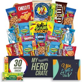 Military Encouragement - Small Snack Box (30 Piece Variety Gift Basket Care Package) Chips, Candy, Peanuts, Popcorn, Cookies, Gummy Snacks, Chocolates & More - My Hero Crate