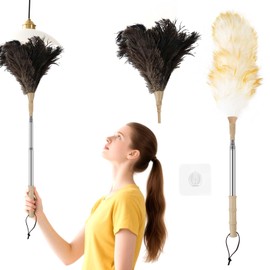 Feather Duster Extendable Handle，53In Telescopic Duster with 1 Ostrich Feather Duster head, 1Lambswool Dusters head, 1 telescopic pole and 1 hooks Ideal for Home, Car, Office Cleaning