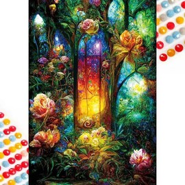 Flower & Window Pattern DIY Diamond Arts Colorful Painting Kit Without Frame, DIY 5D Diamond Arts Colorful Painting Kit, Wall Art Decor for Home:_50X50CM_Multicolor