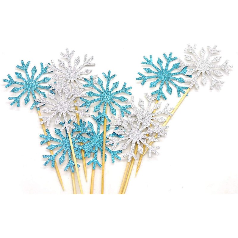 Confetti! - Snow Flake Cupcake Toppers Toothpicks, Sliver/Blue/Snow (Pack of