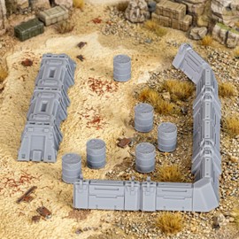 Modular Battlefield Fortification Scatter Set–28mm Scale Unpainted Terrain Barricades and Industrial Fuel Barrels for Trench Crusade, Starfinder, TTRPG Buildings –Outpost Defensive AF1169