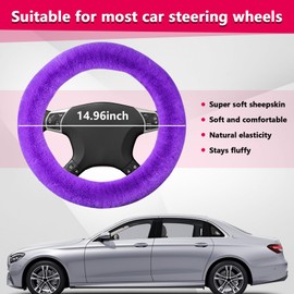Suvnie Fur Wool Sheepskin Car Steering Wheel Cover, 15 Inch Fluffy Anti-Slip Auto Steering Wheel Protector for Warm Winter, Universal Fuzzy Plush Vehicle Steering Wheel Accessories (Purple)