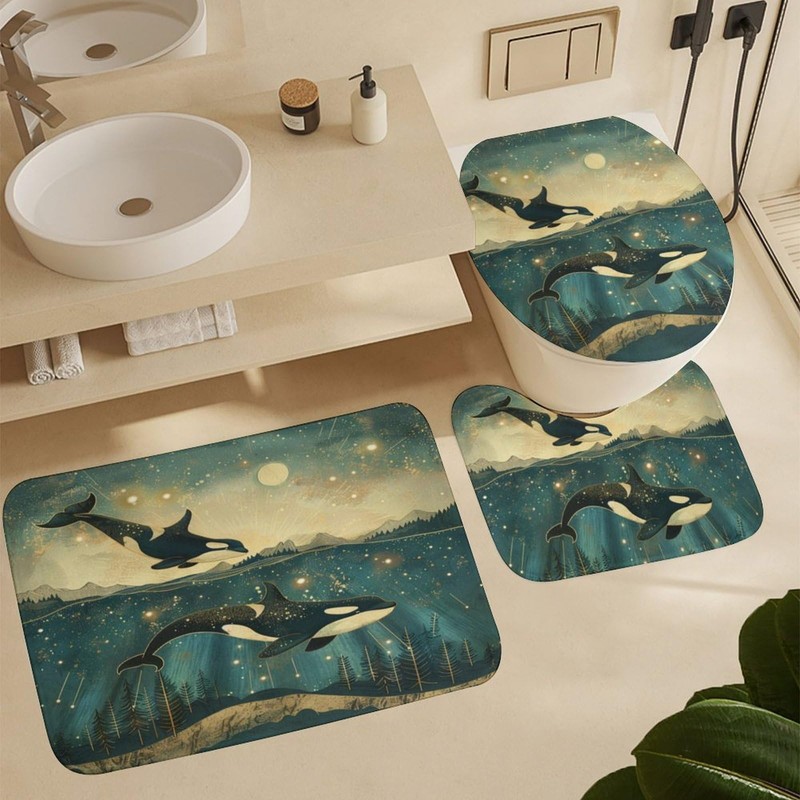 TOWINSFB 4Pcs Underwater Orcas Whale Shower Curtain, Starry Sky Star