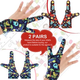 4 Pcs Thumb Sucking Guard Gloves Kids Chewy Compression Gloves Breathable Guard Nail Biting Kids Stop Thumb Sucking and Finger Biting Generally for Ages 8-12 (Space, Dinosaur, 2 Fingers)