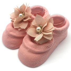 Sywwlov 6Pairs Non-skid Baby Girls Lace Ankle Socks Newborn Toddler Cotton Flower Bowknot Walker Socks 0-18M (Beige&Pink, S for 0-10 Months)