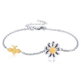 ONEFINIFTY Daisy Bracelet 925 Sterling Silver Daisy and Bee Bracelets Anklet Daisy for Women Daisy Jewellery Face, Sterling Silver, No gemstone