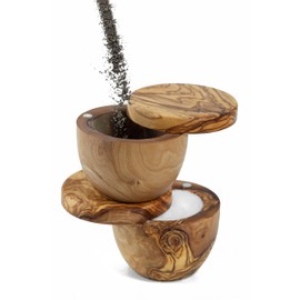 Generic Olive Wood Handcrafted Salt Keeper Box and Spice Jar with Magnetic Pivoting Lid