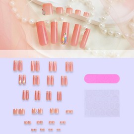 48Pcs French tips Press on Toenails Orange Press on Nails Long Square Fake Nails with Design Diamond Glue on Nails Rhinestone False Nails Glossy Reusable Summer Nails Toenails for Women Manicure