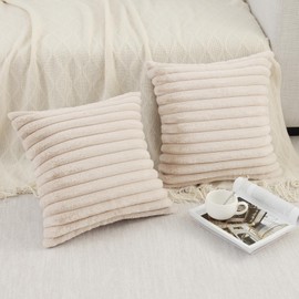 Pallene Faux Fur Plush Throw Pillow Covers 16x16 Set of 2, Luxury Soft Fluffy Striped Decorative Pillow Covers for Sofa, Couch, Living Room, Apricot