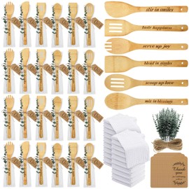 Funnymoom 24 Set Bridal Shower Party Favors Kitchen Utensils Set Funny Kitchenware Bamboo Wooden Spoons Artificial Eucalyptus Stems Waffle Towel & Thank You Tags for Guests Prizes Wedding Baby Shower
