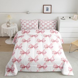Manfei Pink Bowknot Bed Comforter Set Queen Size,Dreamy Princess Style Kids Girls Super Soft Microfiber Bedding Set for Adults Teens,Watercolor Bow Geometric Grids White Comforter Set,2 Pillows