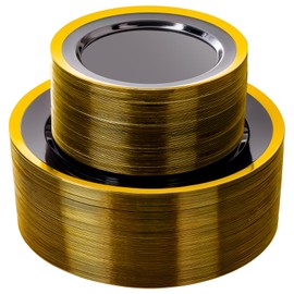 supernal 120pcs Clear Black and Gold Plastic Plates Black Plates Gold Plastic Dinnerware Include Dinner and Dessert Size for Elegant Parties, Valentine's Day Party and Wedding