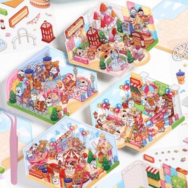 4 Sets 3D Fun Mini House Scene Stickers with Tweezers Make Your Own Mini Colorful Amusement Park Scenes Stickers Cute Mini Room Craft Scrapbook Sticker for Relief Stress Pass The Time