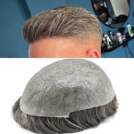 Hair Wonders Toupee for Men Human Hair Pieces 0.06mm Ultra Thin Skin European Remy Human Hair All V-looped Replacemnt System for Mens Toupee 8x10 inch#350 3# DARK BROWN+50% GRAY-90% light density